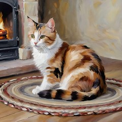 ACEO Art Card Calico Cat before the fireplace