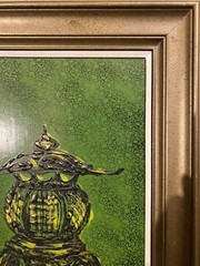 Signed 1950s Mid Century Framed Drip Art Painting Asian Vessel 25”x16.9”