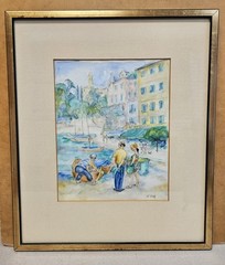 Original Restaurant Street Scene Watercolor Painting by Hilda Katz (1909-1997)