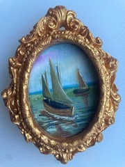 Miniature Oil Painting Sailboat Seascape Framed Vintage Style Oval Gold Frame