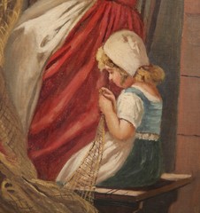 Antique Possibly American Vermeer Inspired Mother Daughter and Cat Genre Scene