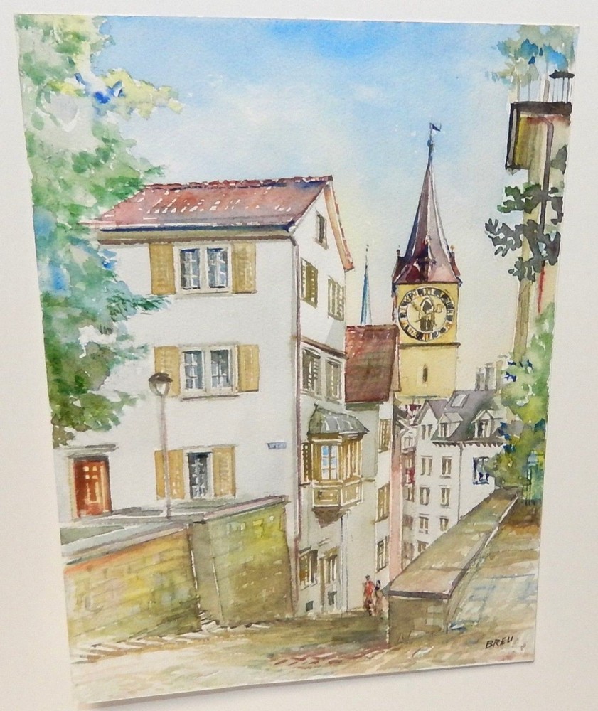 TORRI J. BREU „ZURICH PFALZGASSE“ ORIGINAL WATERCOLOR STREET SCENE PAINTING
