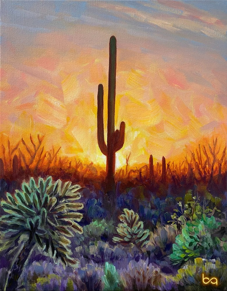 Embers of the Desert Sky 11×14″ Original Acrylic Painting on Canvas – Cactus Art