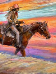 Original Oil painting Cowboy HORSE Sunset Mountain RANCH Southwest Landscape UT