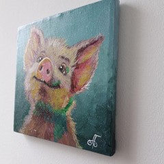 Original Acrylic Painting Cute Happy Pig Portrait Small Hand Painted Canvas Art