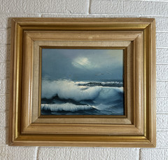 VINTAGE FRAMED ORIGINAL OIL PAINTING SEASCAPE BEVELED WOOD FRAME SIGNED