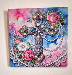 Religious Cross Floral Beaded Faux Pearl Canvas Wall Plaque, Multicolor