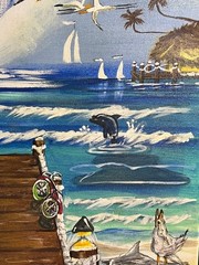 Vintage Nautical Beach Coastal Landscape Painting Seagulls Boat Dock Palm Trees