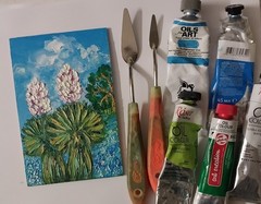 Framed Texas Landscape Yuccas Bluebonnets Art 4×6” Impasto Oil Painting Original