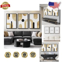 Large Framed Abstract Geometric Canvas Art 3PC Gold Black White 24×36