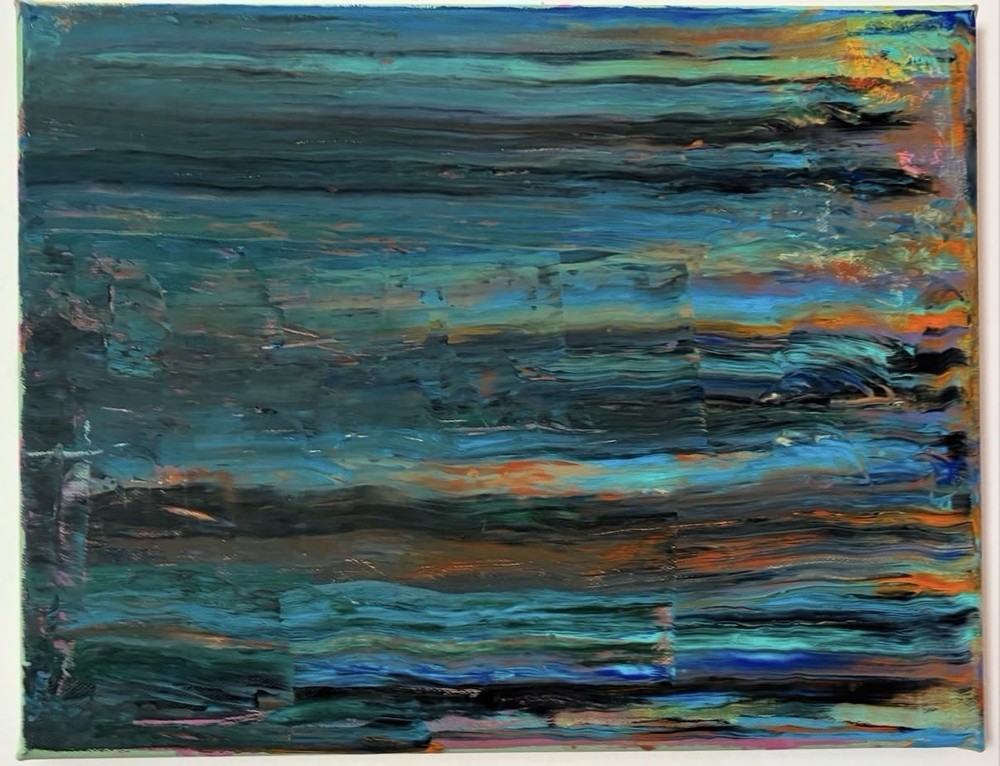 Abstract Textured Painting Blue/Green/Orange Tones, Unframed Single Piece
