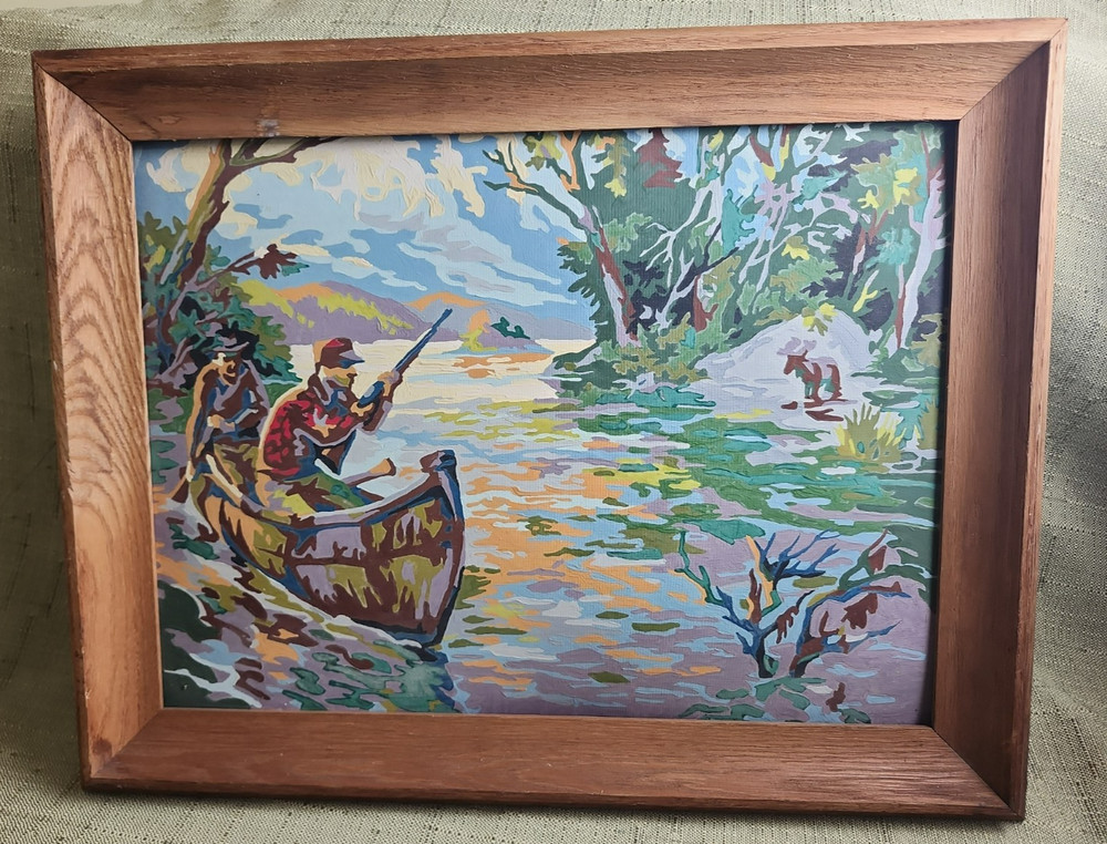 Vintage Wood Frame Hunting/Lake Painting, Muted Colors, Nature Outdoor Scene