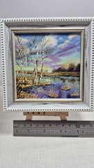 Spring forest, river, original oil painting in a frame. Landscape. 4×4 inches.