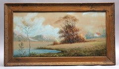 Antique Landscape Watercolor, Pastoral Fall Scene Framed & Signed 18.5 x 10.5″