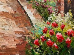 Oil Painting 20×24″ Mediternannean landscape/seascape, cloudy sky,bright florals