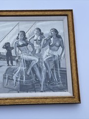 Antique Illustration Painting Boat Workers Gorgeous Women Pinup mid century