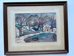 Midcentury Norwegian Painter Town Painting Image Size 13” X 9.5”. Hulteen, 1941