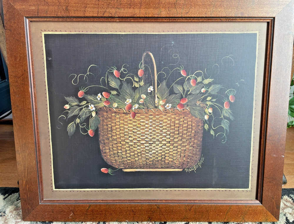 Mary Beth Baxter Nantucket Basket of Strawberries on Canvas, Signed Folk Art