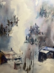 Snowy Village Landscape–Charlotte Hoffman–Medium Size Watercolor-Mid 20th NY Art