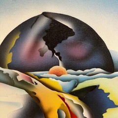 signed C. Ryan, acrylic on canvas, abstract landscape with mountain, framed
