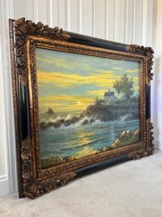 50×40″ Ornate Baroque Giltwood & Black Enamel Frame w/Oil on Canvas Painting