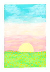 ACEO Original Sunset Flowers Sky Landscape Field Mini Painting Art OneCraftyLady