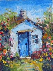 Cozy Rural Village House 7×9.5″ With Roses & Blue Doors French Provence Garden