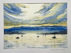 Watercolor Seascape with Sailboats Nautical Ocean Wall Art Relaxing marine art