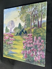 VTG Original Pink Flower GARDEN LANDSCAPE Linen Nailhead 10.75×12.75” Signed