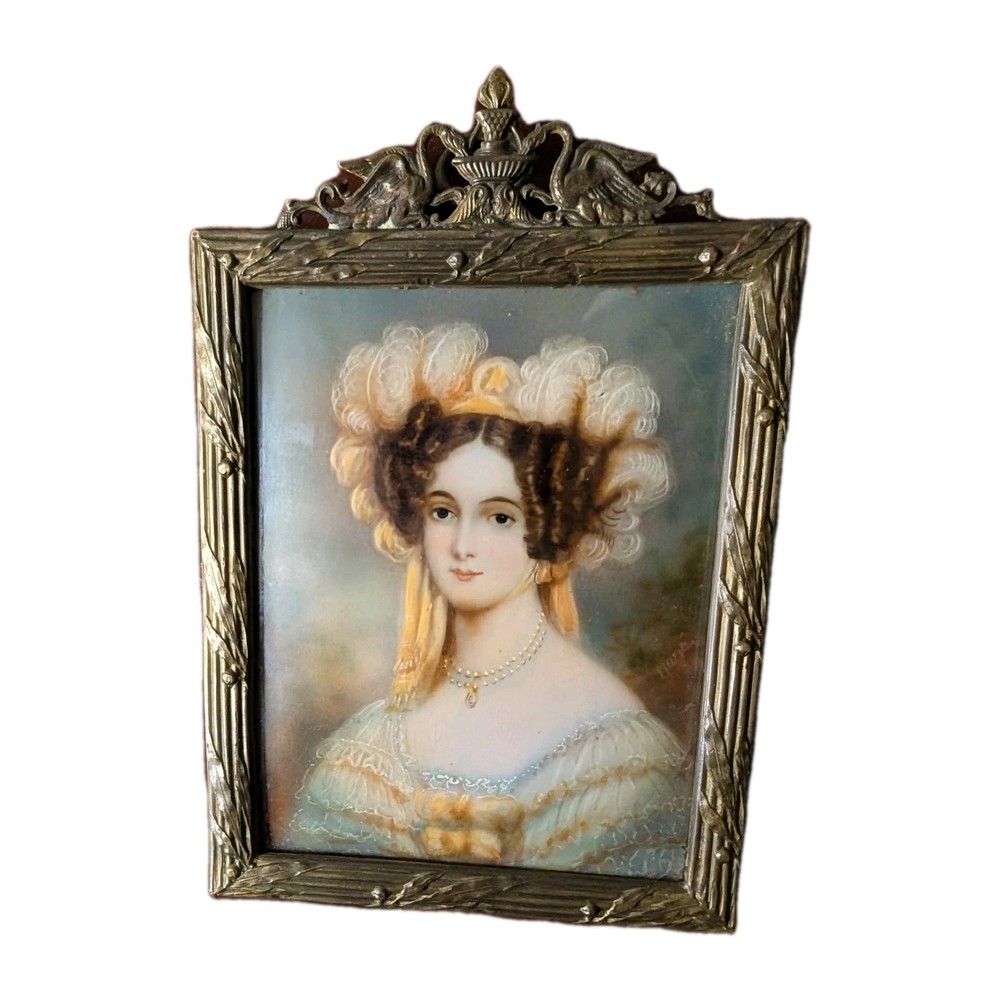 Antique 1830s to 1840s Miniature Portrait Painting Signed with Brass Frame