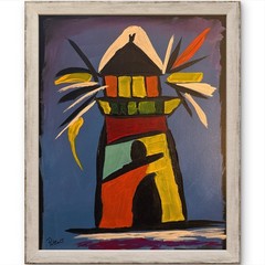 Folk Art Lighthouse Painting Original Art 14×11 Canvas Signed Beach House Decor