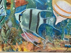Vintage Original Oil Painting Assemblage Art Underwater Fish Sea Ocean Aquarium