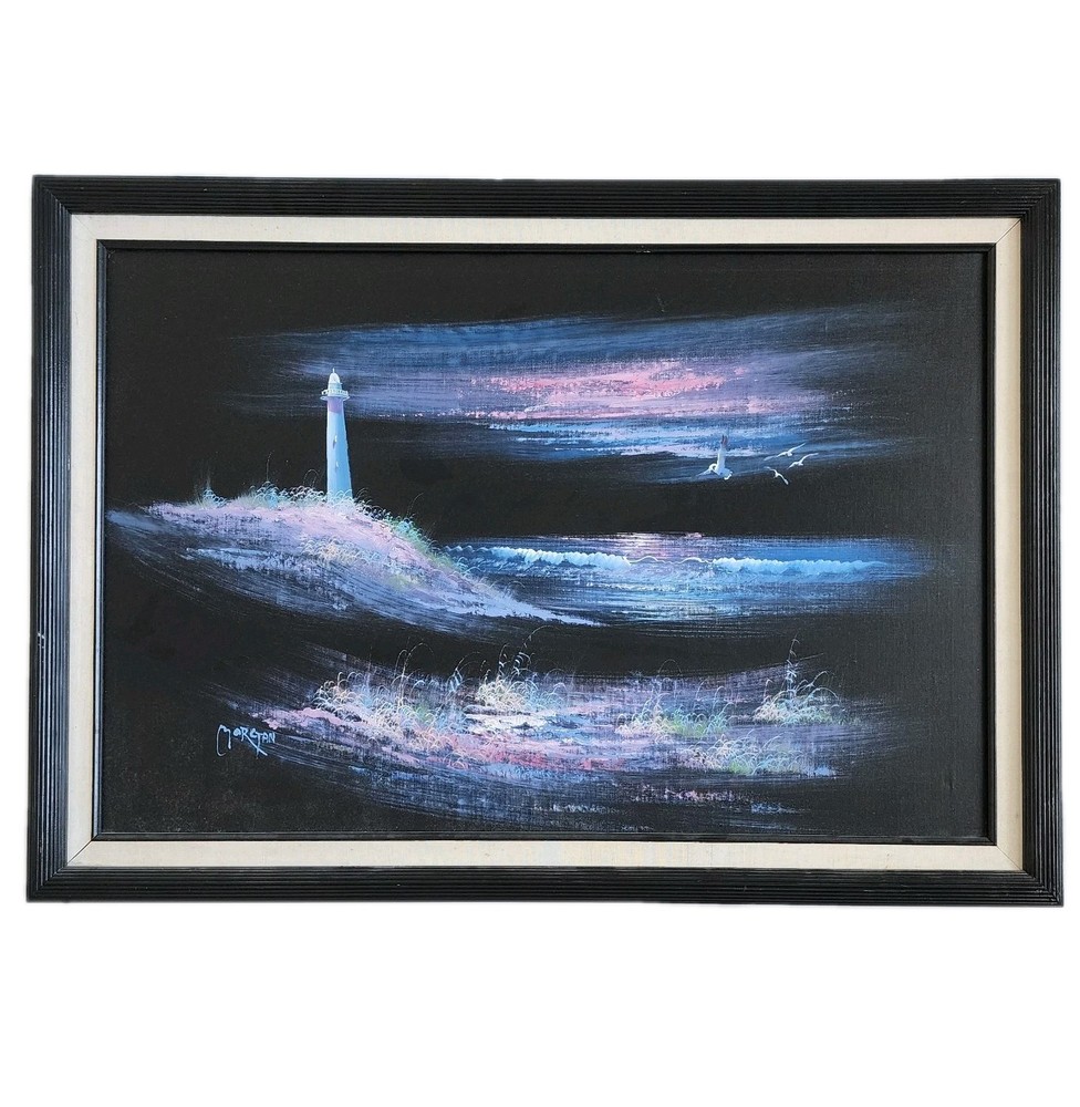 Morgan Vintage Original Oil Painting Lighthouse Moonlit Seascape Framed 41×29