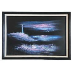 Morgan Vintage Original Oil Painting Lighthouse Moonlit Seascape Framed 41×29