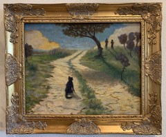 Cat On Country Road, Original Oil Painting, Texas Landscape Art, USA, Rhome