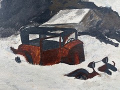 Original Ashcan Art Painting Tired Old Car Ford Model T on Wood Panel Meyer 1978