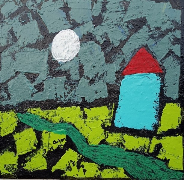 Outsider Folk Art Painting Landscape Original Cubism Cabin Modern Abstract Brut