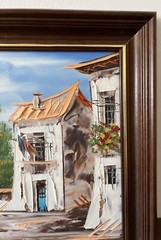 Painting of European Homes signed Ecco framed bright Art On Cork board 8 By 10