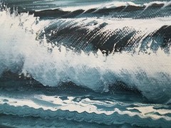 Waves Crashing on Shore Seascape Oil on Canvas, Signed, Framed 30×18 Blue Tones