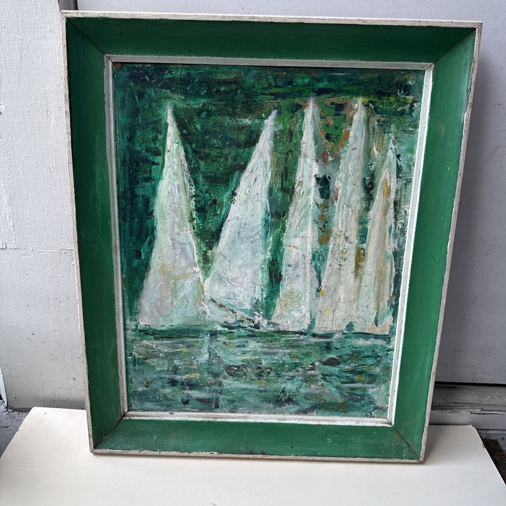 Vintage Antique Barn Find Original Oil Painting On Board Sailboats ~20”x24”