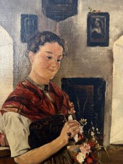 Early 1900s ORIGINAL European SIGNED ‚KS‘ Rural Interior Genre Scene Oil FRAMED