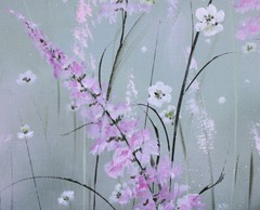 Large statement floral landscape painting pink blue flowers wall art