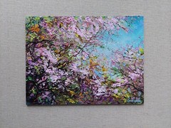 Sakura blossoming oil painting. Pink branches in colorful spring. Vibrant Art