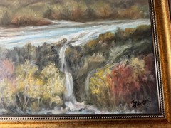 Large W Dickinson Acrylic Painting Mountain Landscape Waterfall River Framed Art