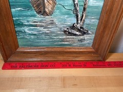 Vintage oil painting Ship Boat Ocean Seagulls