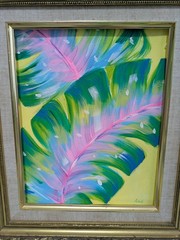 Vintage 12 X 14 Ornate Framed Original Bright Tropical Banana Leaf Painting