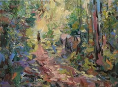Art Original Oil Painting by RM Mortensen „Mystic Path“ Futurism Forest 9″ x 12″