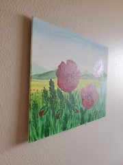 Handmade Painting Acrylic Art Panel 11x14x1/16 Decor Flowers Poppies Mountains