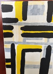 Original Abstract Acrylic Painting Yellow Black Gray Geometric Grid Modern Wall