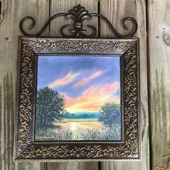 FIREY MARSH SKIES – original framed 9×9 inch oil painting by K. McDermott